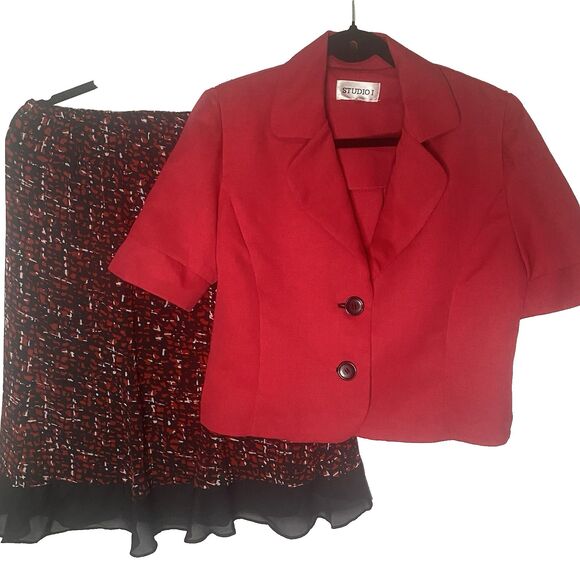 Vtg 80s STUDIO I Skirt Set Suit Short Sleeves Ruffled A-Line Womens 10 Red Black - Picture 1 of 16